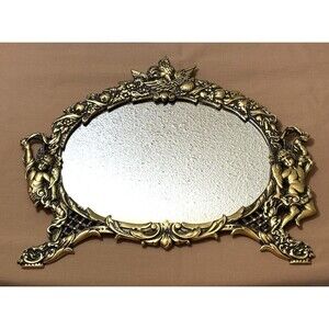 Antique Victorian Gold Gilt Cast Iron Cherub Ornate Vanity Mirror Japan 16X13.5"